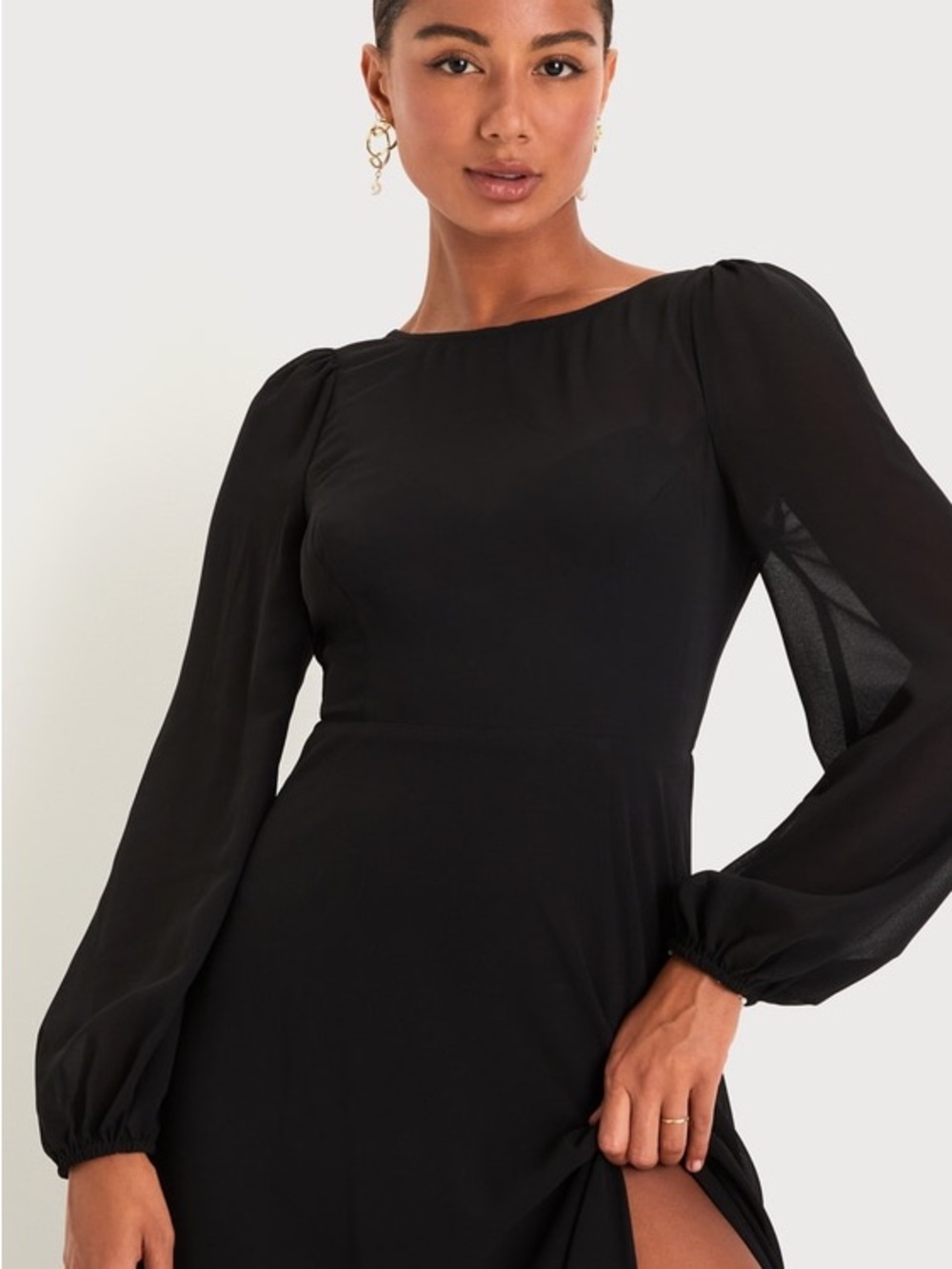 Lulu's Black Long Sleeve Satin-Trim Evening Dress with High Slit - Picture 3 of 4